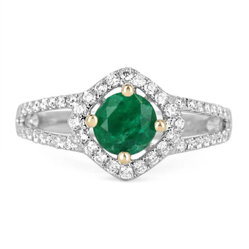 1.39tcw Split Shank Emerald & Diamond Halo Engagement Ring