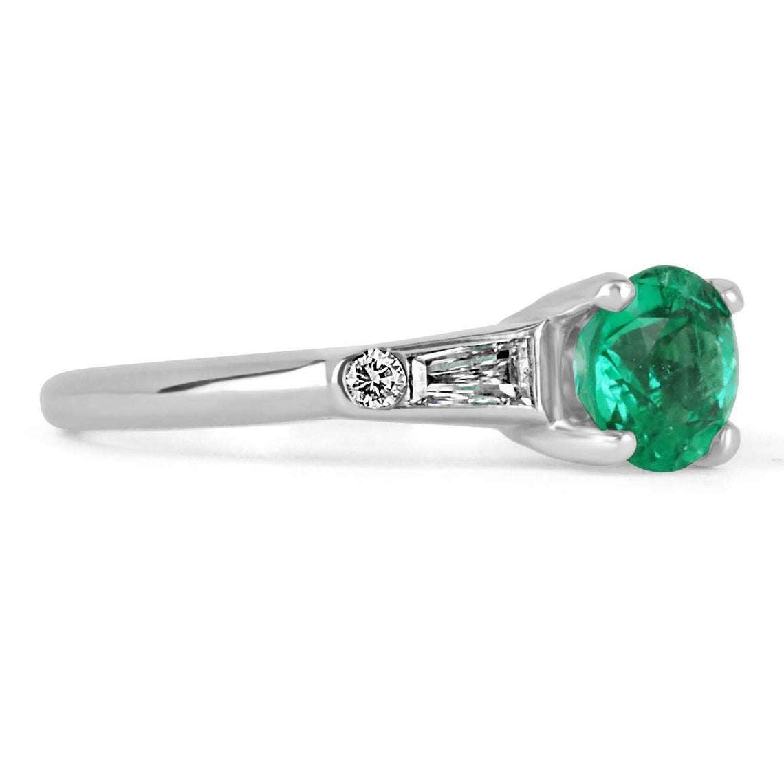 1.13tcw Round Emerald & Tapered Baguette Diamond Engagement Ring In Platinum - JR Colombian Emeralds