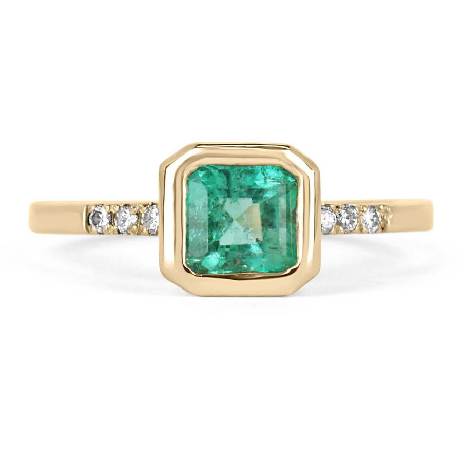 1.08tcw Emerald Bezel Asscher Colombian Pave Diamond Brilliant Round Statement Gold Ring 14K 