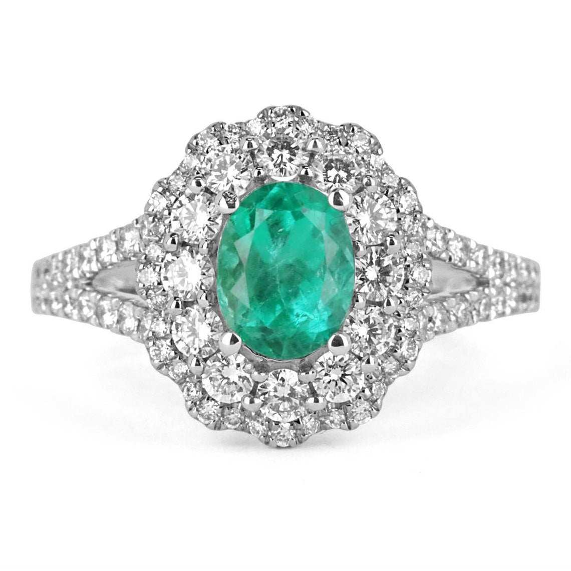 2.10tcw Oval Emerald & Diamond Halo Split Shank Engagement Ring 14K