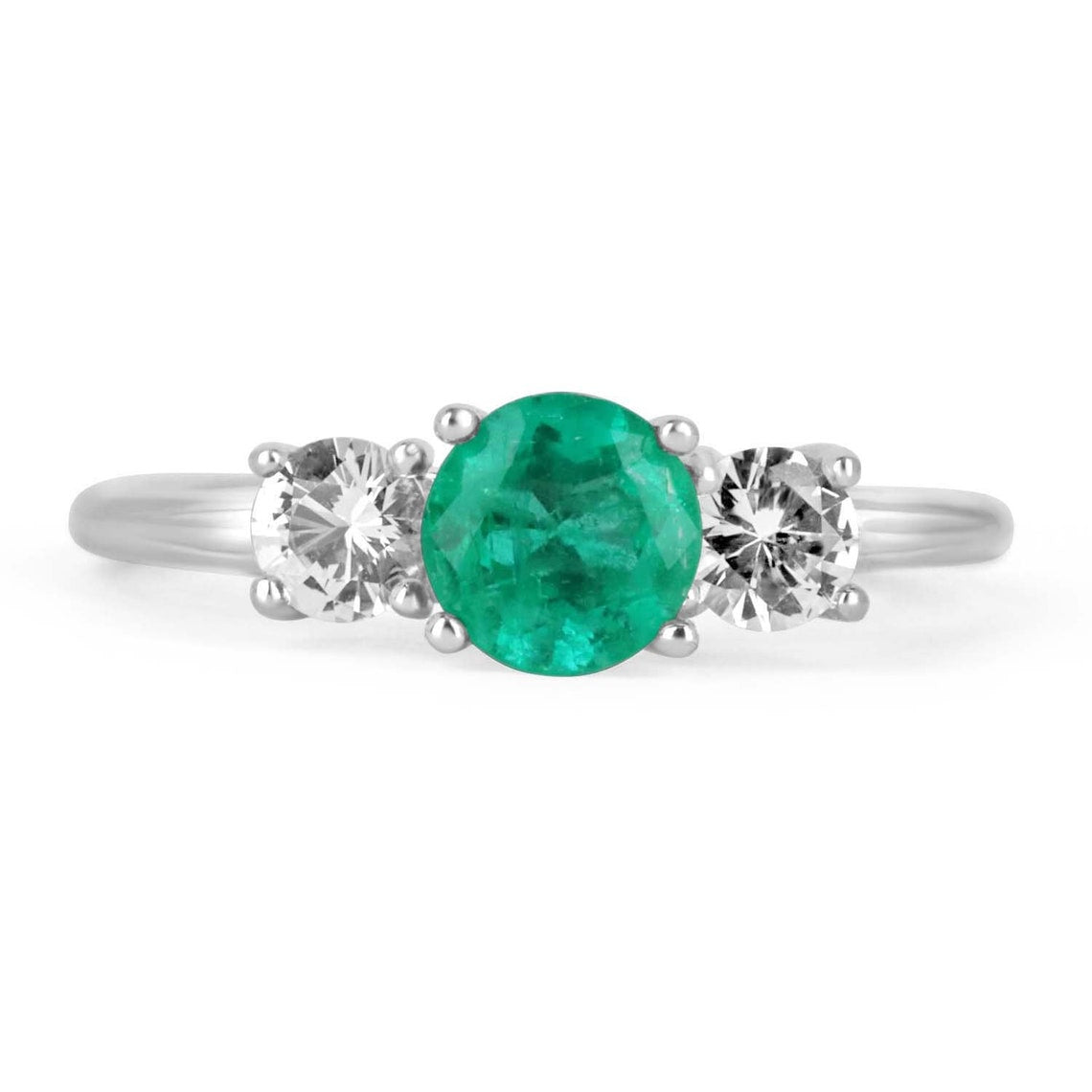 1.14tcw Classic Round Emerald & Diamond 3 Stone Engagement Ring 14K - JR Colombian Emeralds