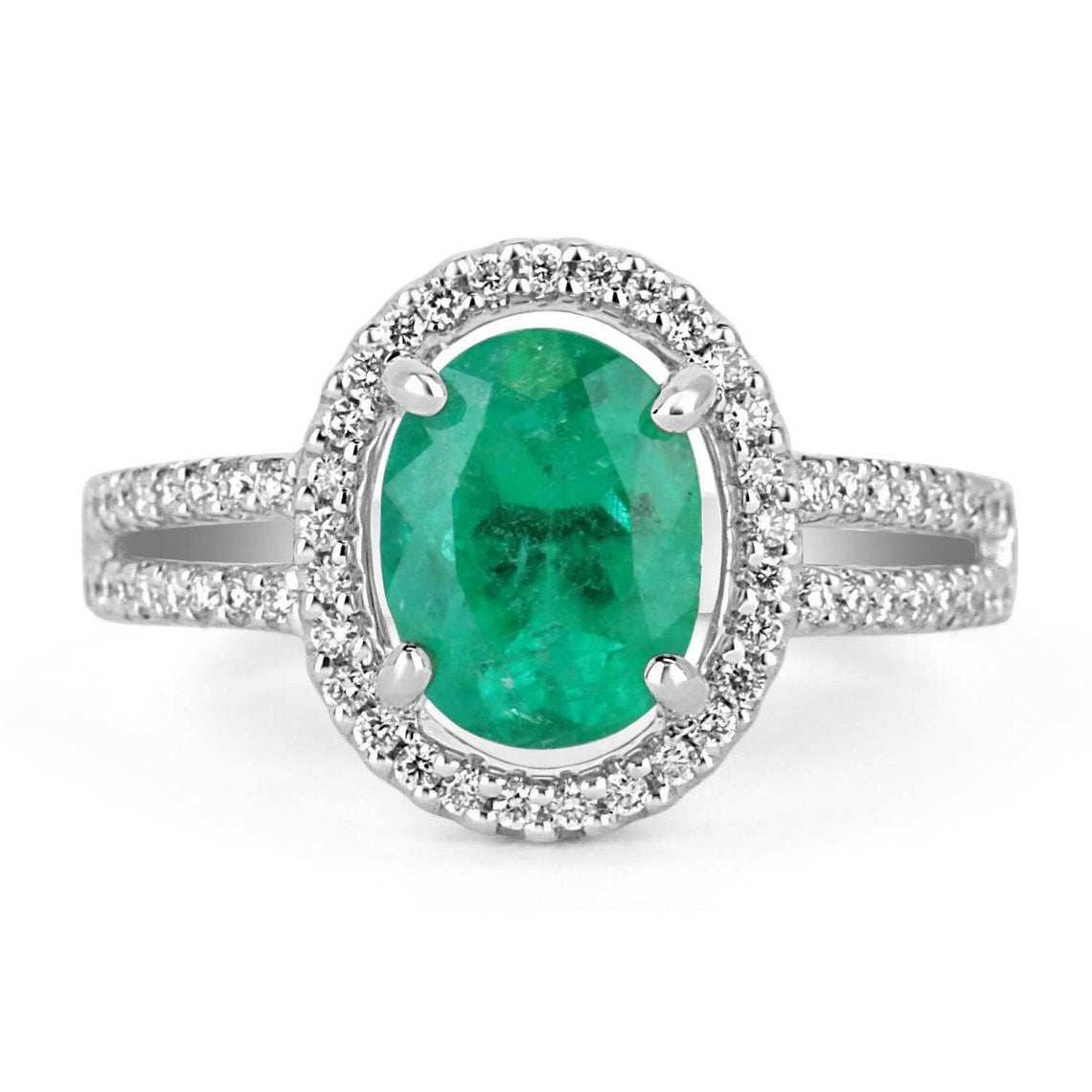 2.40tcw Natural Emerald Oval & Diamond Halo Split Shank Engagement Ring