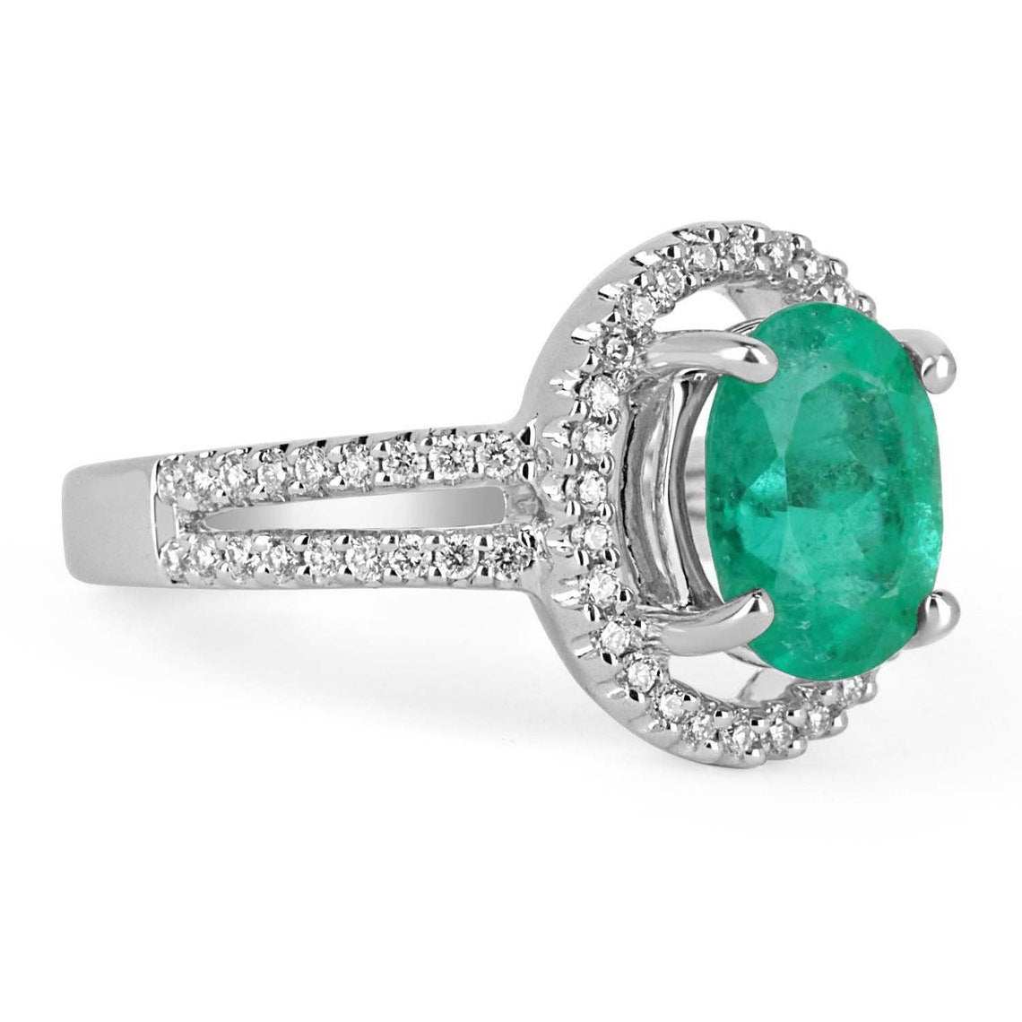 2.40tcw Natural Emerald Oval & Diamond Halo Split Shank Engagement Ring