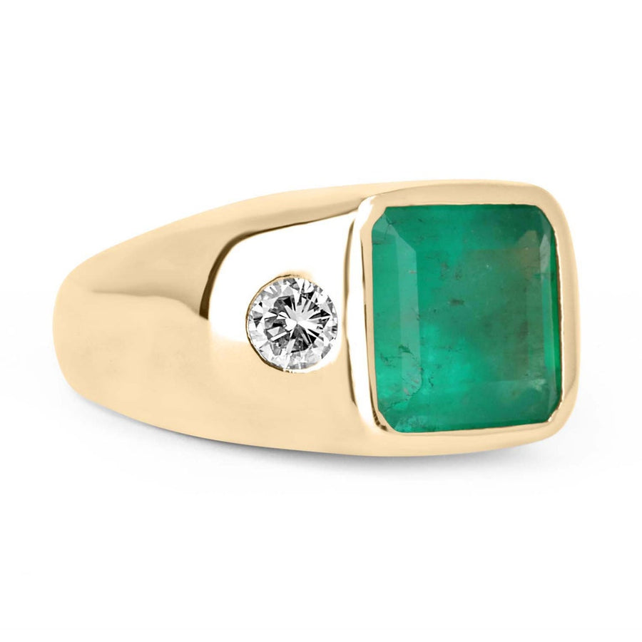 7.96tcw The HULK Three Stone Emerald & Round Diamond Large Gypsy Signet Ring 18K gift yellow gold