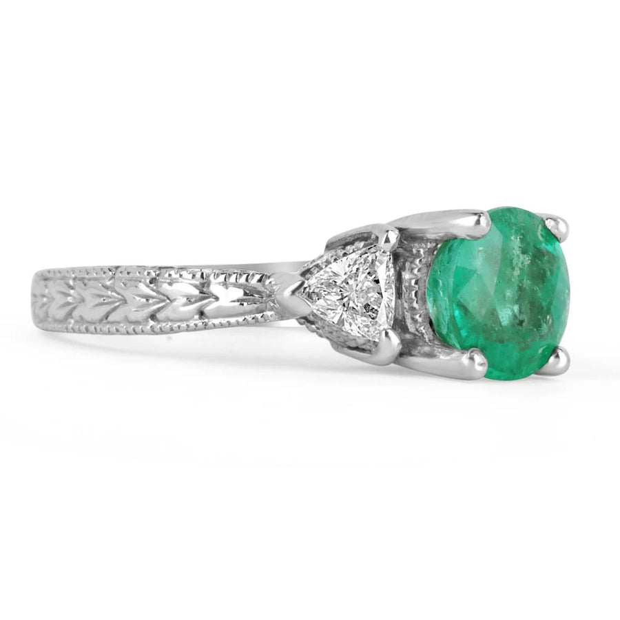 Items Similar to Cabochon Colombian Emerald and Diamond Three-Stone Ring