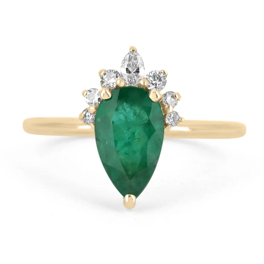 Regal Elegance: 1.51tcw Pear Shape Dark Green Emerald & Diamond Tiara Ring in 14K Gold