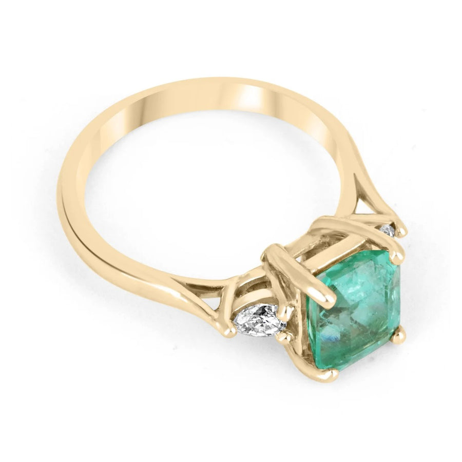 Emerald Three Stone Pear Diamond Ring 14K Yellow Gold