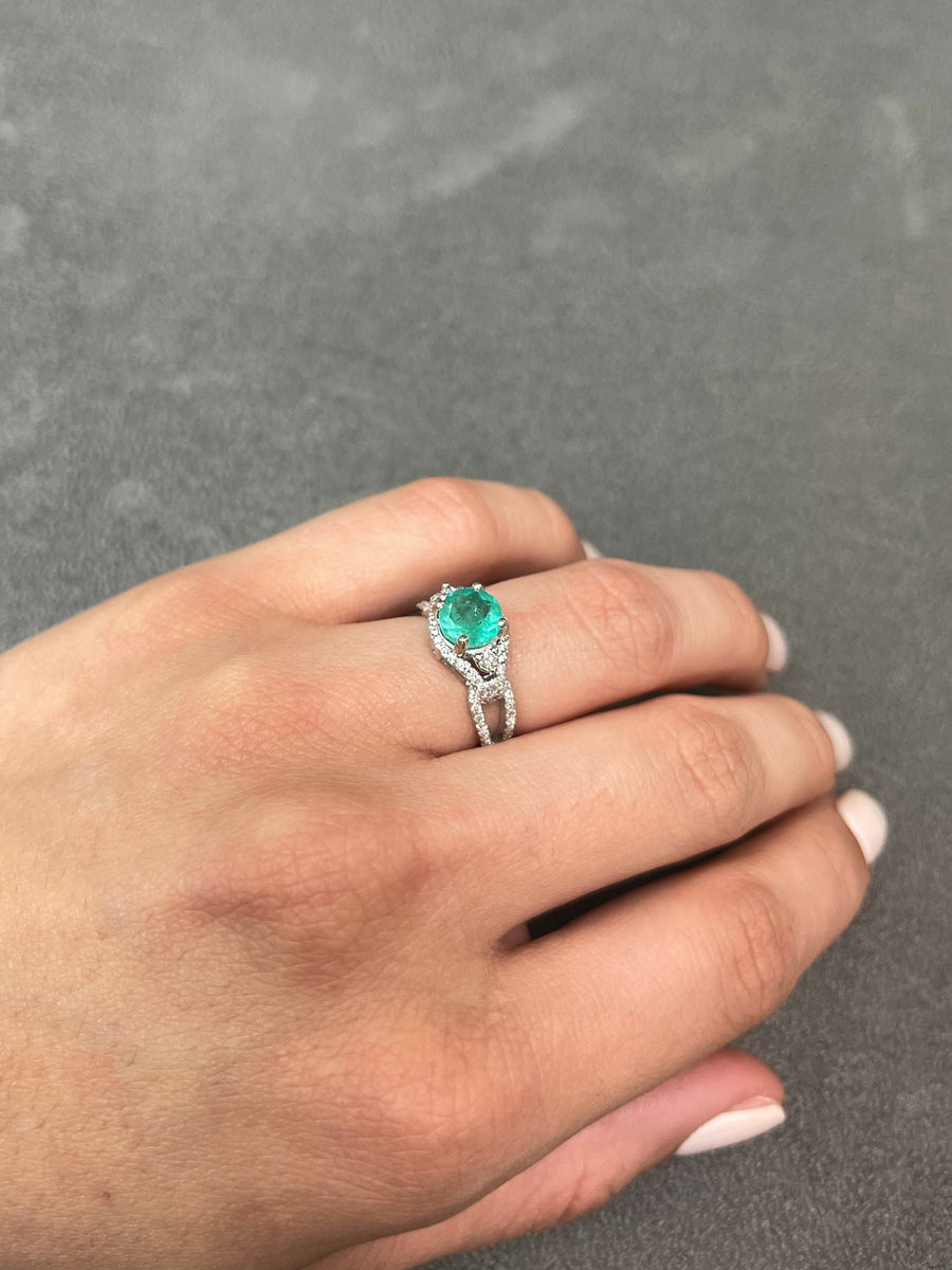 1.57tcw 14K Colombian Emerald & Diamond Halo Engagement Round Transparent Birthstone Ring