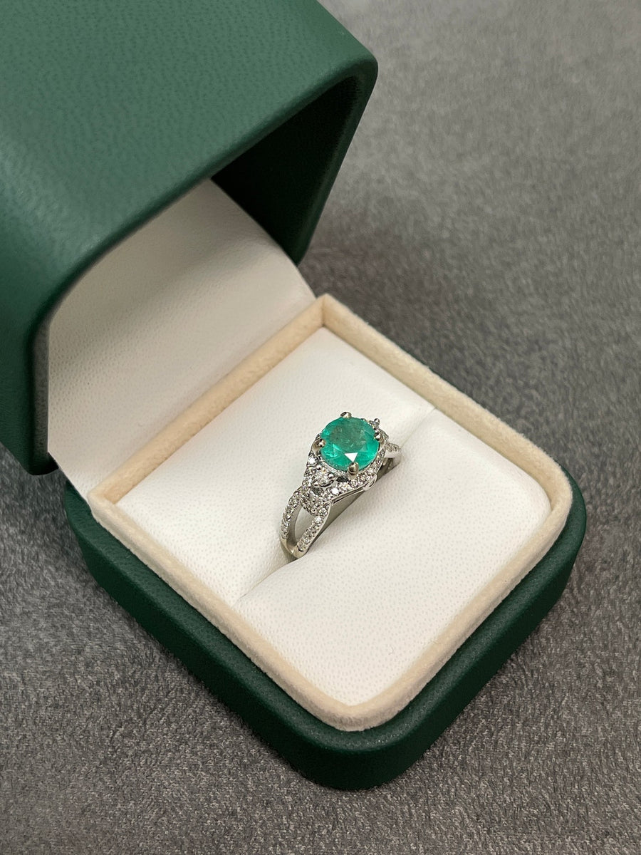 1.57tcw 14K Colombian Emerald & Diamond Halo Engagement Round Cut Semi-Transparent Birthstone 