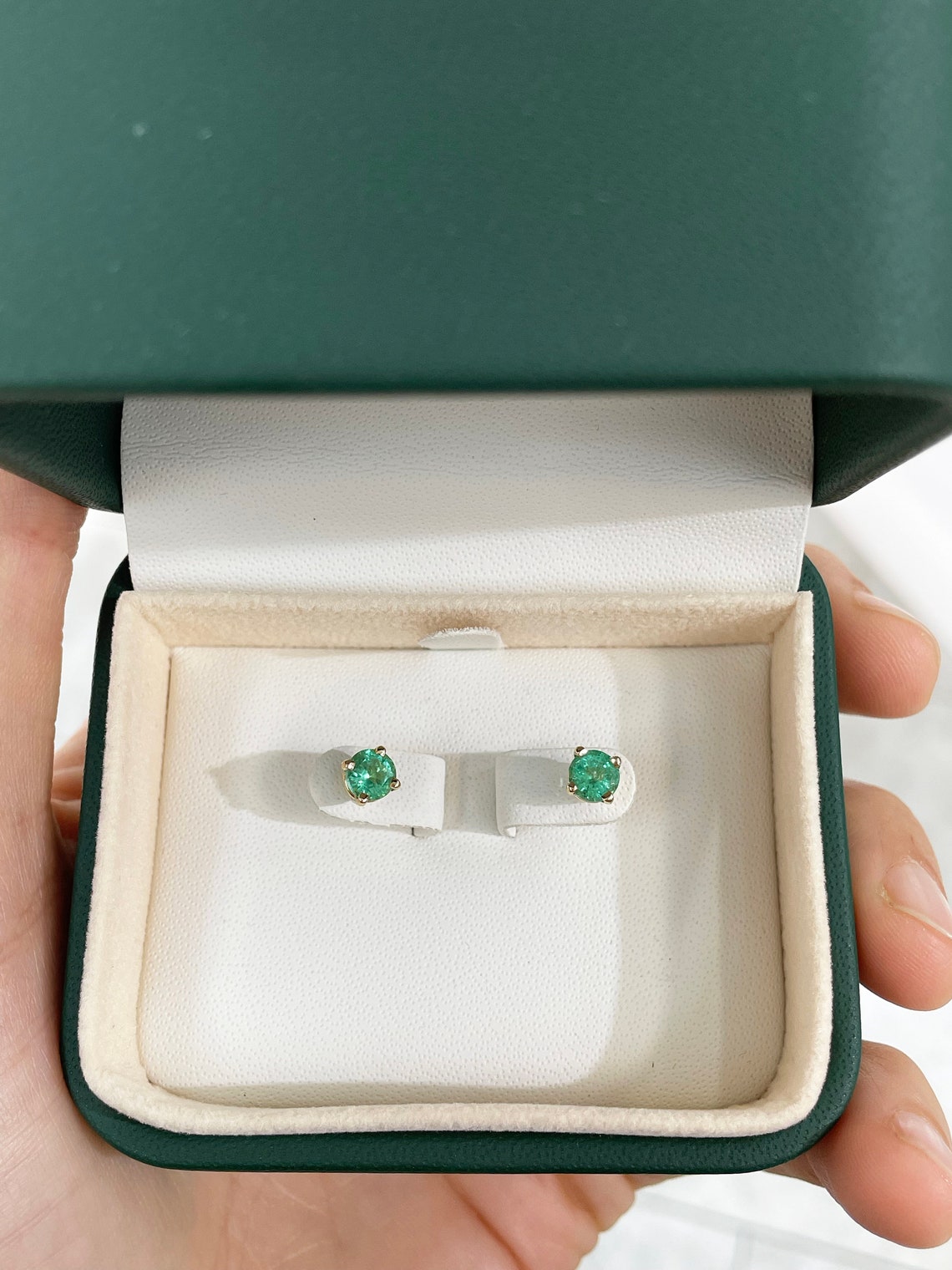 1.0tcw Timeless Green Emerald Round Cut Prong Earrings 14K - JR Colombian Emeralds