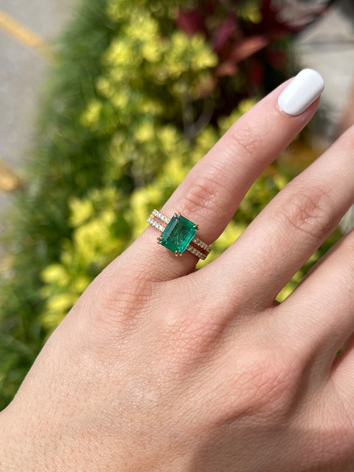 2.70tcw 18K Natural Emerald Cut & Diamond Double Prong Engagement Ring - JR Colombian Emeralds