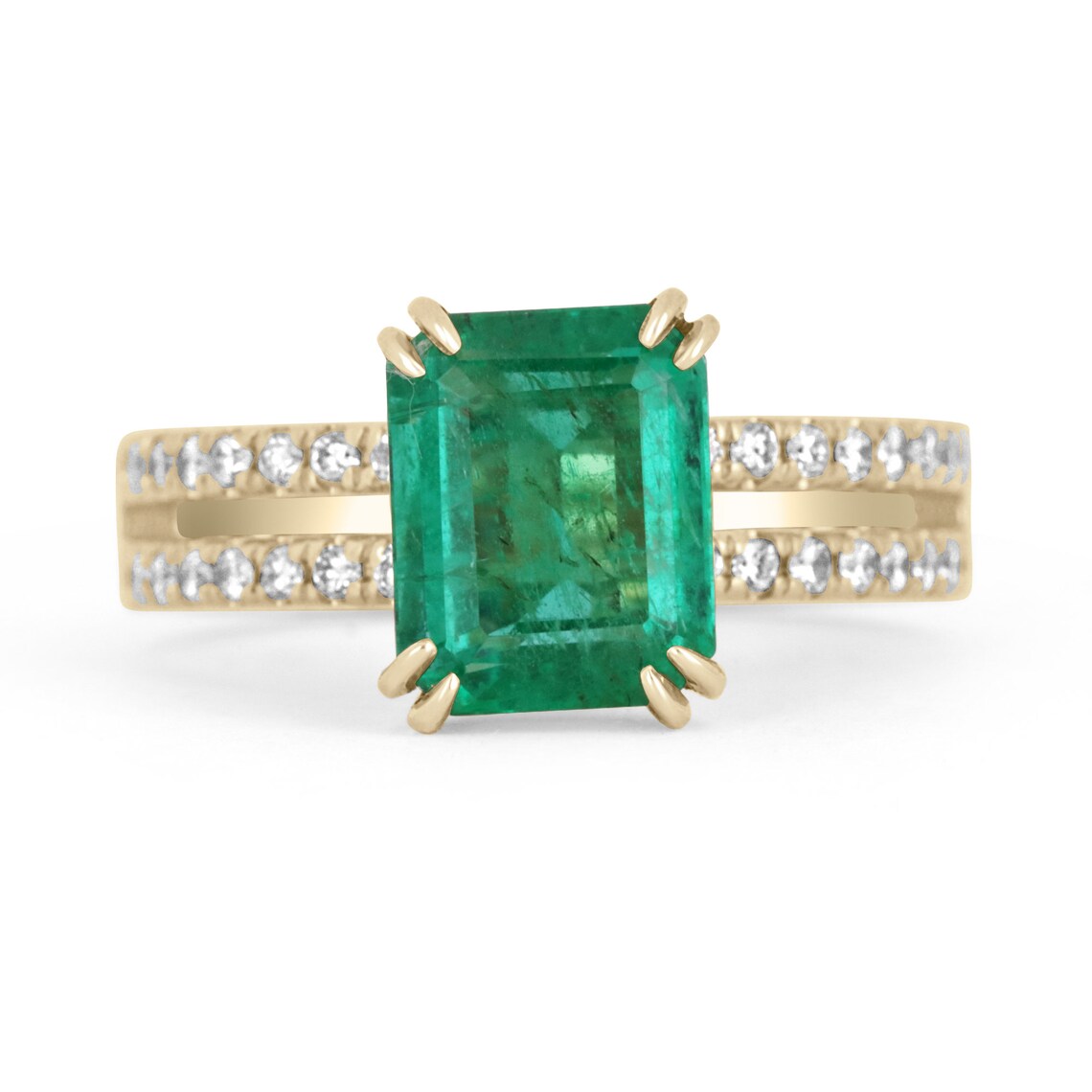 2.70tcw 18K Natural Emerald Cut & Diamond Double Prong Engagement Ring - JR Colombian Emeralds