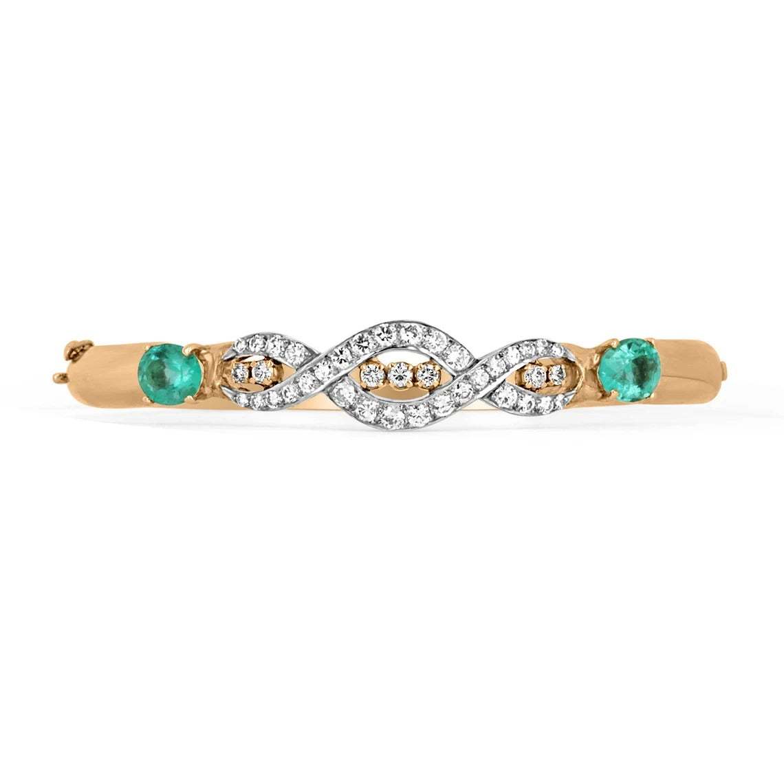 2.85tcw Round Diamond & Natural Oval Emerald Bangle Bracelet 14K - JR Colombian Emeralds