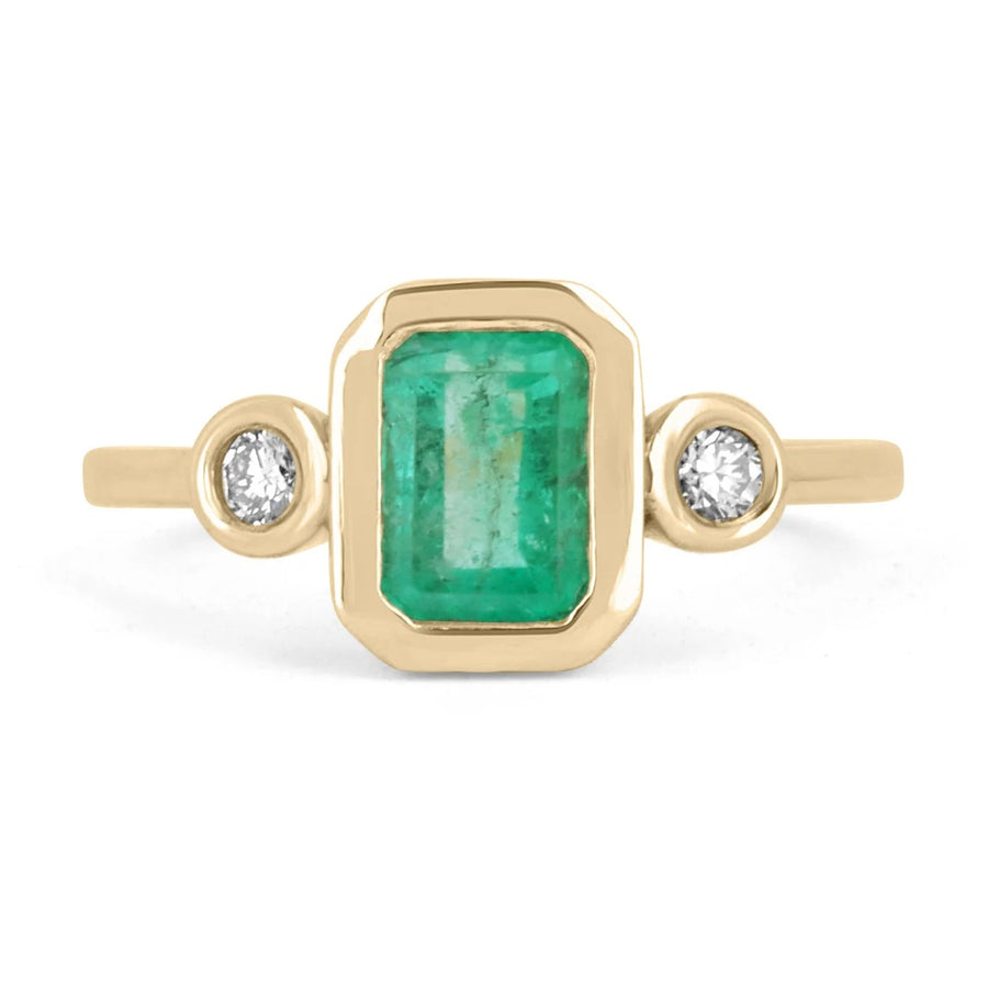 1.20tcw Bezel Set Three Stone Emerald & Diamond Ring 14K