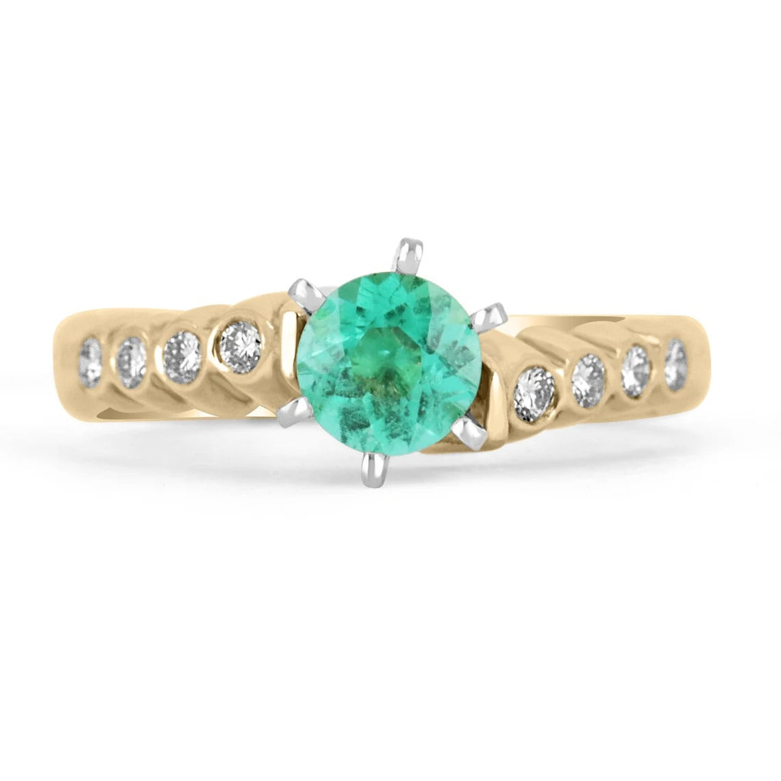 Modern Elegance: 0.97tcw Round 6 Prong Emerald & Bezel Diamond Ring in 14K Gold