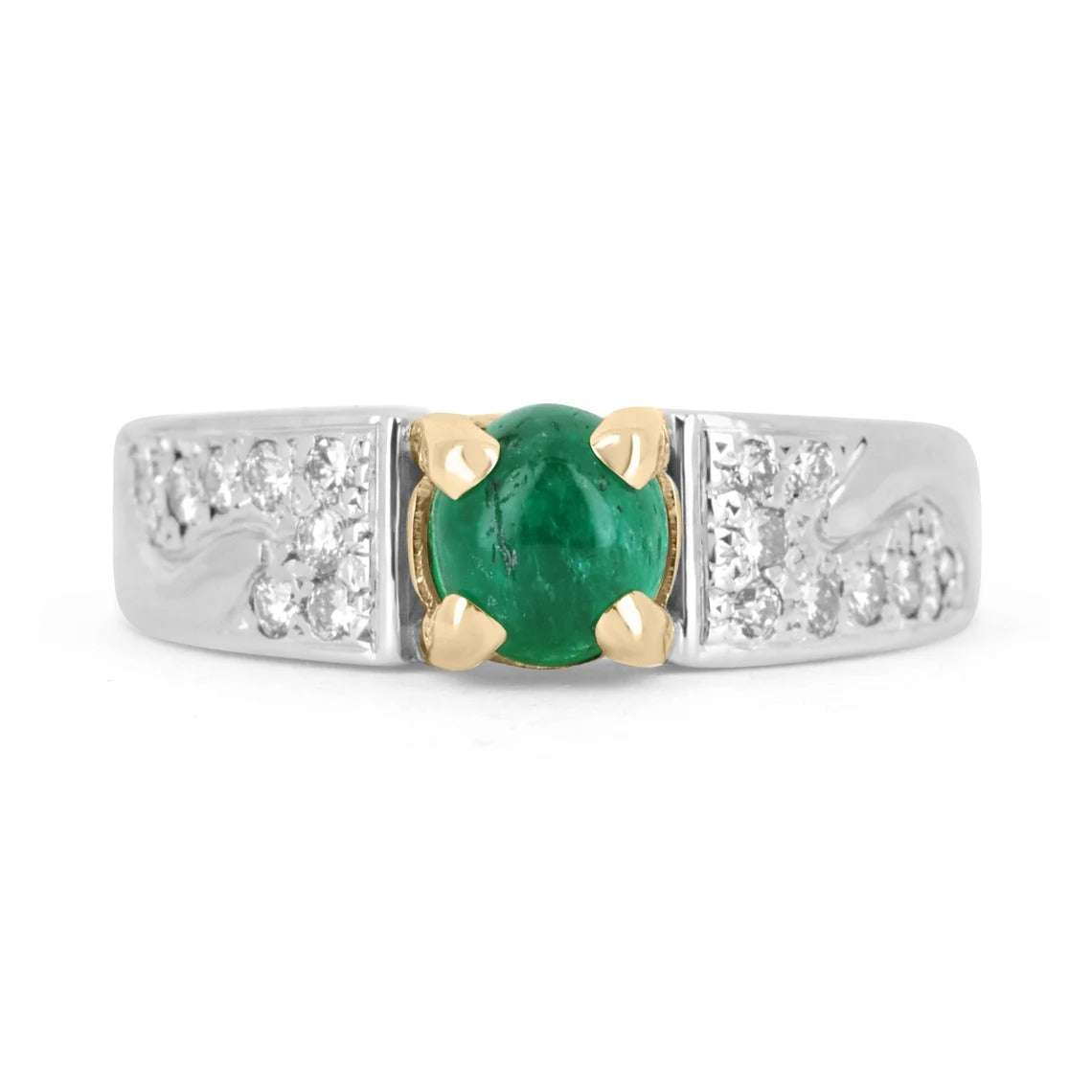 0.90tcw Oval Natural Emerald Cabochon & Diamond Brilliant Round Statement Ring 18K