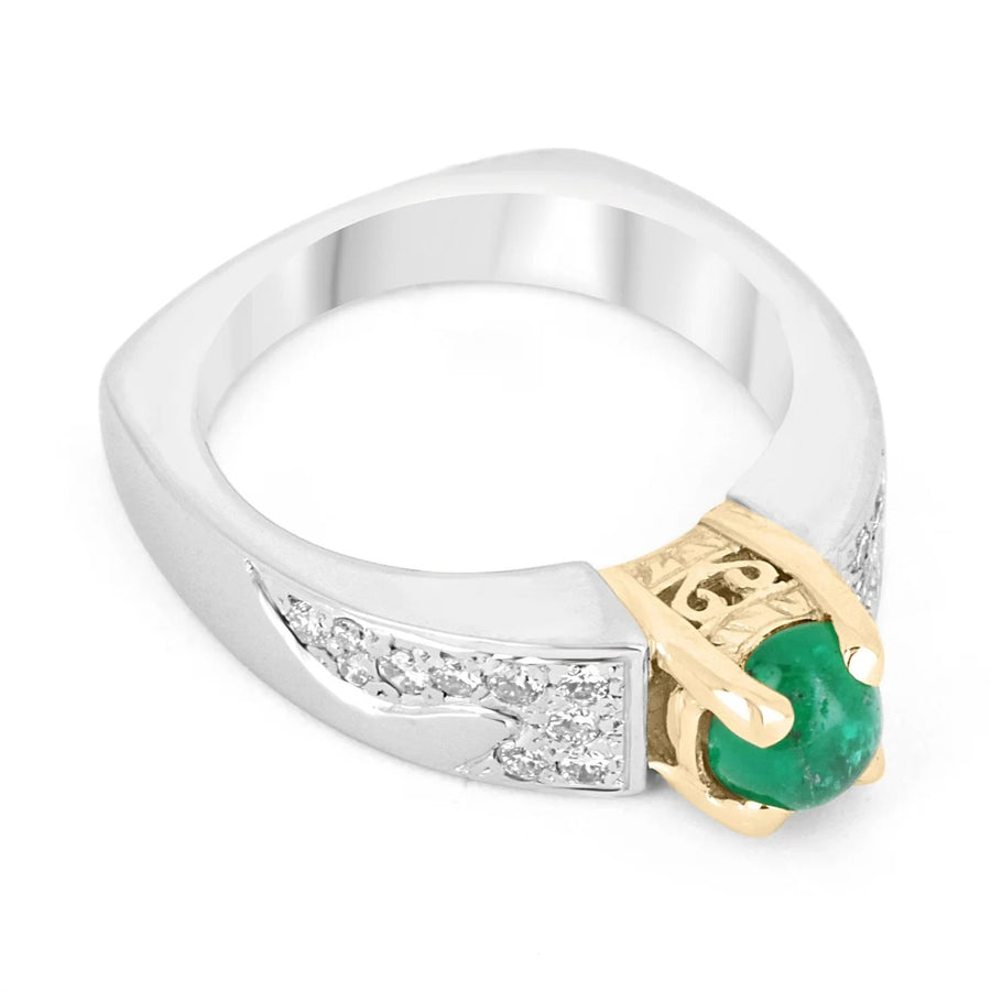 Oval Natural Emerald Cabochon & Diamond Brilliant Round Statement Ring 18K