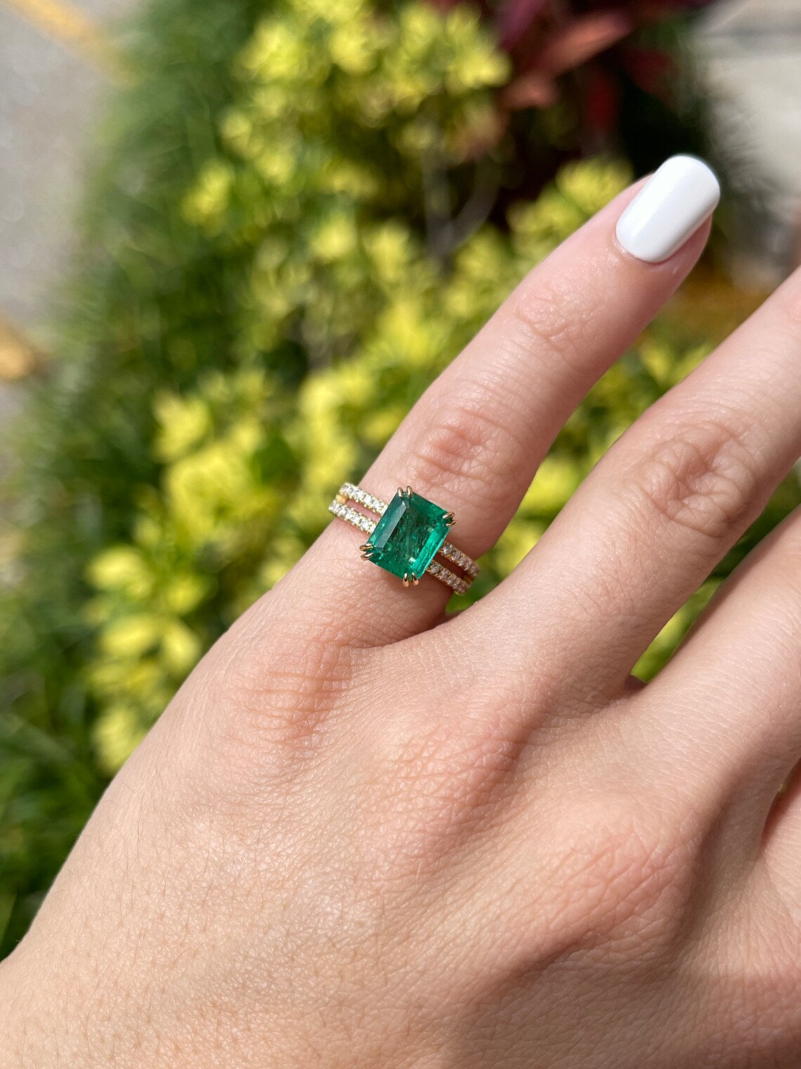 2.70tcw 18K Natural Emerald Cut & Diamond Double Prong Engagement Ring - JR Colombian Emeralds