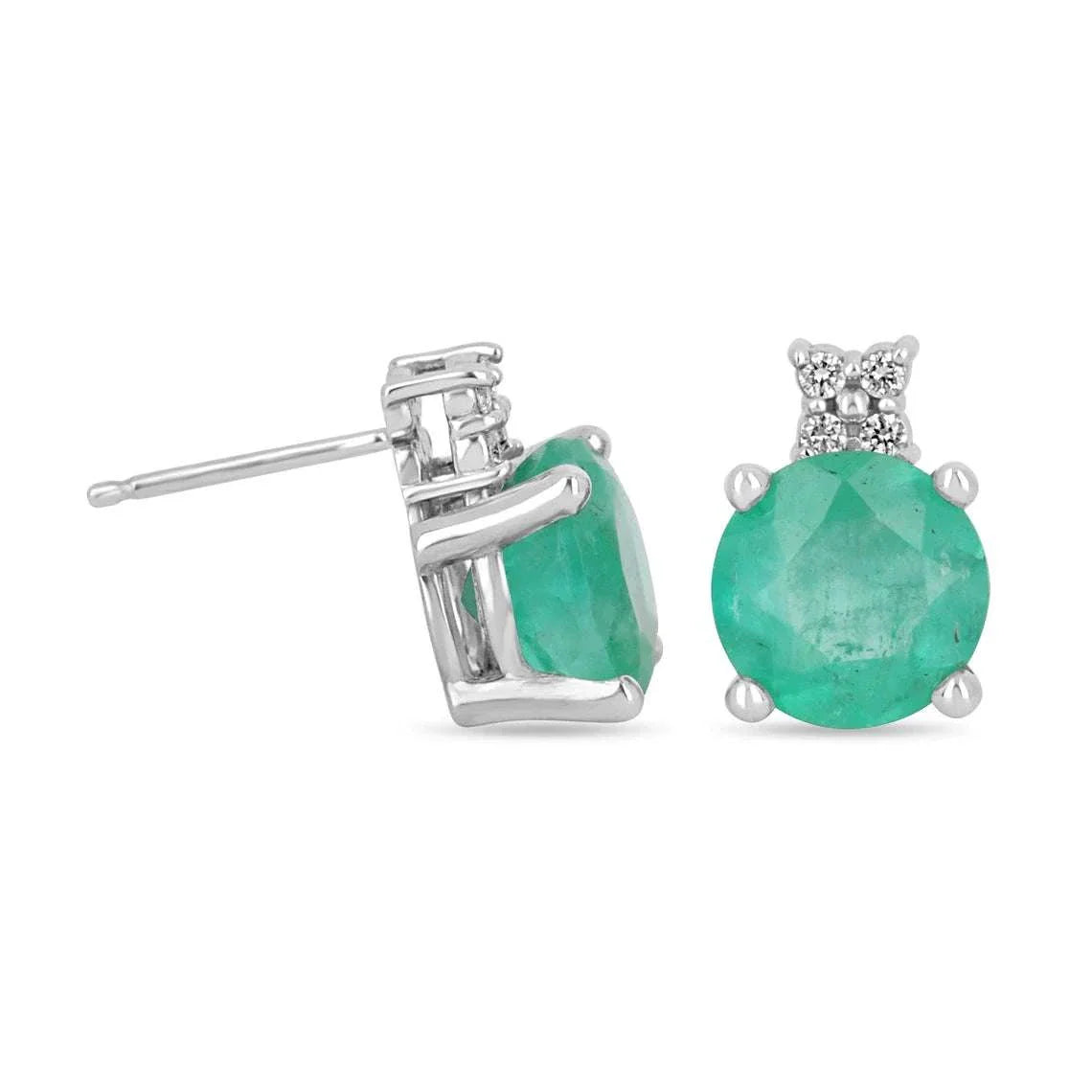 4.32tcw Large Round Cut Colombian Emerald & Diamond Prong Set Studs 14K White Gold