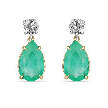 5.93tcw Tear Drop Emerald & Diamond Dangle Earrings 14K
