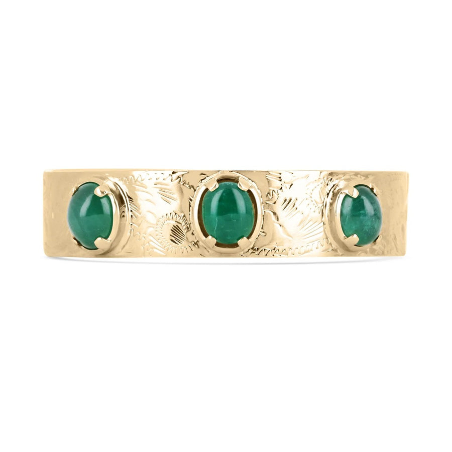 14.82tcw 14K Natural Cabochon Emerald Three Stone Gold Bangle Bracelet