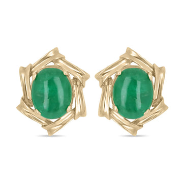 6.80tcw Natural Dark Green Emerald Oval Cut Cabochon Victorian Hand Made Earrings 14K
