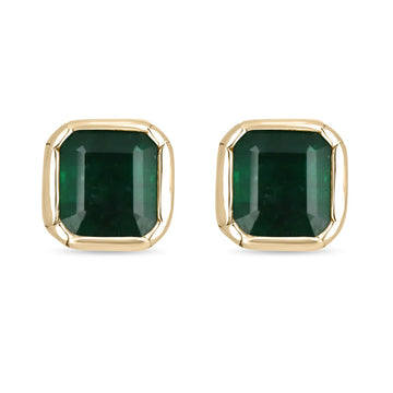 4.46tcw Statement Dark Green Big Bezel Set Square Emerald Gold Earrings