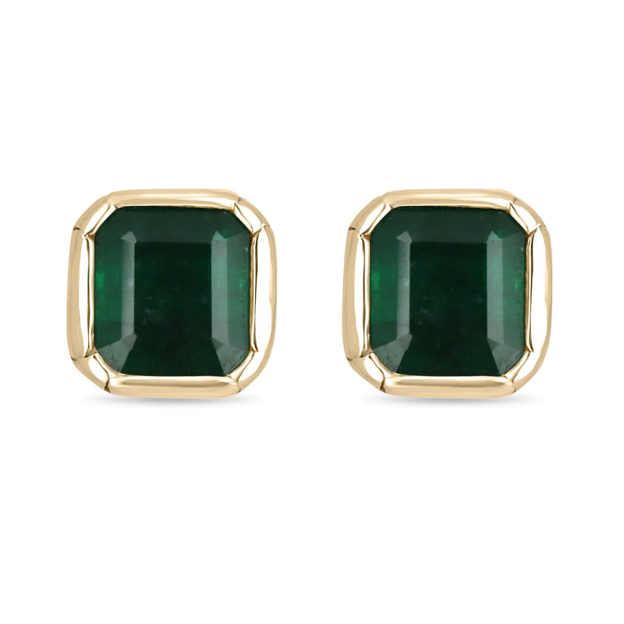 4.46tcw Dark Green Big Bezel Set Square Emerald Gold Earrings
