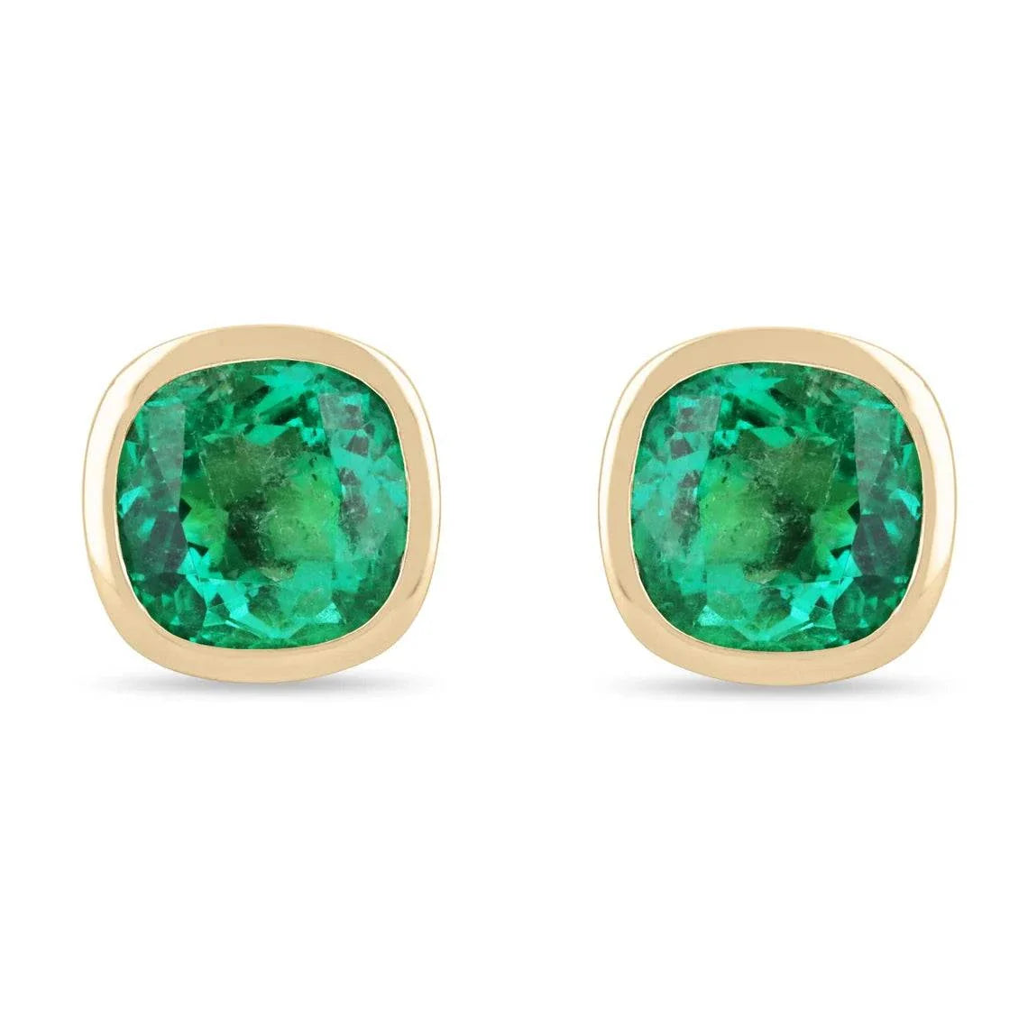 AAA+ 5.46tcw Top Quality Colombian Emerald Cushion Cut Bezel Set Stud Earrings 18K - JR Colombian Emeralds