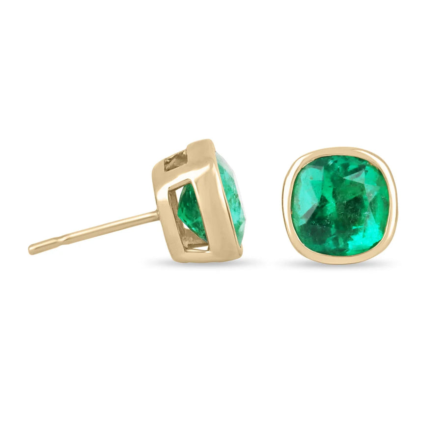 AAA+ 5.46tcw Top Quality Colombian Emerald Cushion Cut Bezel Set Stud Earrings 18K