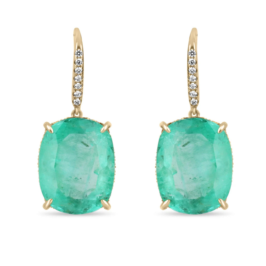 25.70tcw Large Cushion Cut Colombian Emerald & Diamond Dangle Earrings 18K