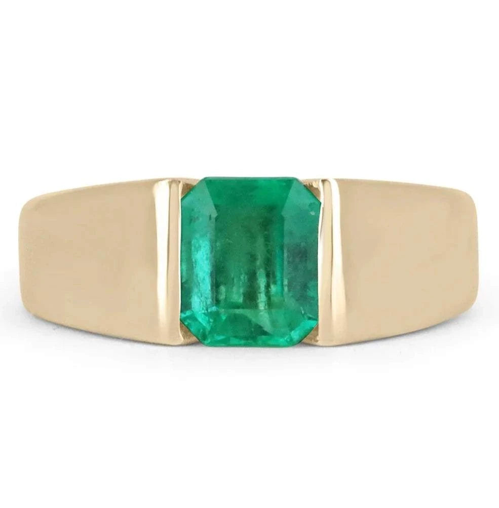 2.0 Carat Emerald Cut Vivid Green Solitaire Men's Ring 14K - JR Colombian Emeralds