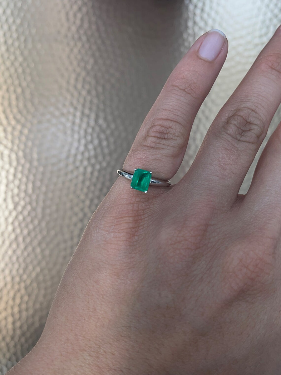 Eternal Radiance: 14K White Gold Ring with 1.09cts Colombian Emerald-Emerald Cut Solitaire - A Promise of May