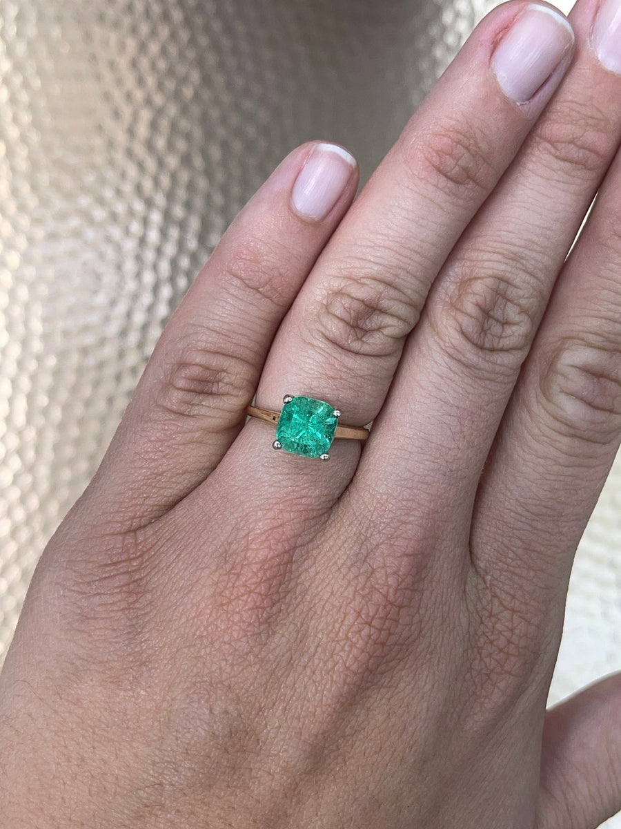 Chic and Sophisticated: Emerald-Cushion Cut Solitaire 2.65cts 4 Prong Gold Engagement Ring in 14K Gold