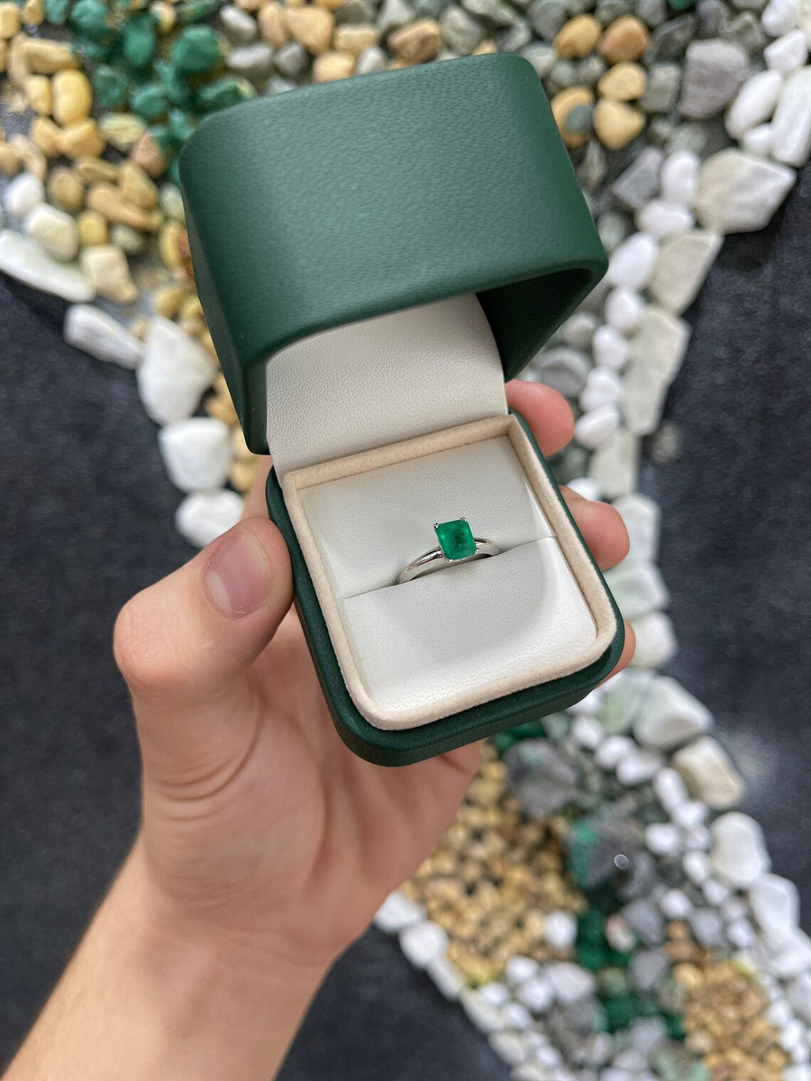 Celebrate Love: 14K White Gold Ring Featuring 1.09cts Colombian Emerald-Emerald Cut Solitaire - May Promise