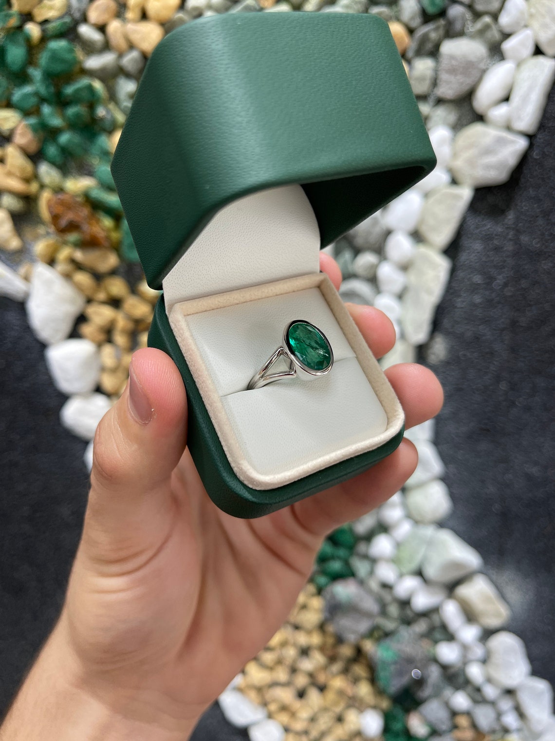 4.78 Carat Bezel Set Oval Emerald Solitaire Ring 14K - JR Colombian Emeralds