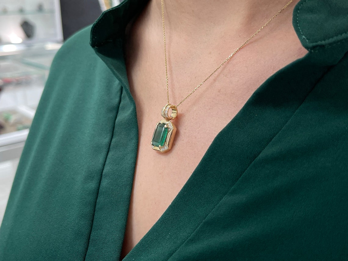 4.92tcw Statement Brazilian Dark ForestGreen Emerald Cut & Diamond Pendant 14K - JR Colombian Emeralds