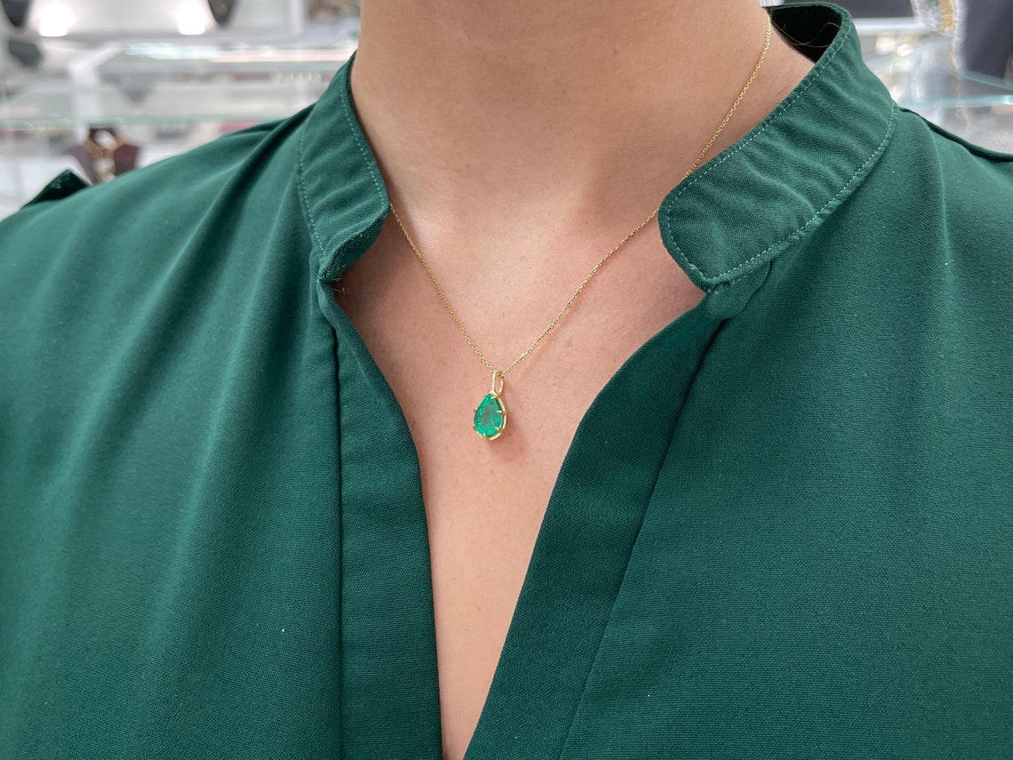 2.30 Carat Teardrop Emerald Solitaire on Neck Pendant 14K Yellow Gold 