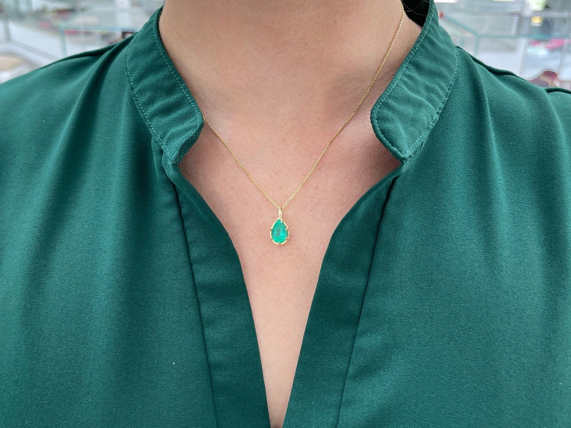 2.30 Carat Teardrop Emerald Solitaire Pendant 14K - JR Colombian Emeralds