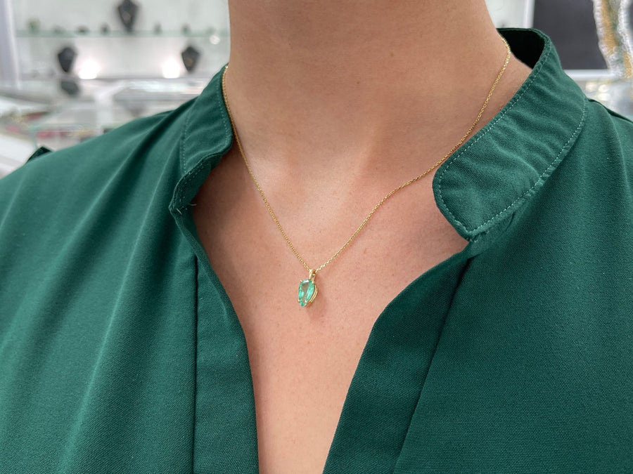 1.62cts Rich Green Emerald-Pear Cut Solitaire Four Prong Pendant 14K