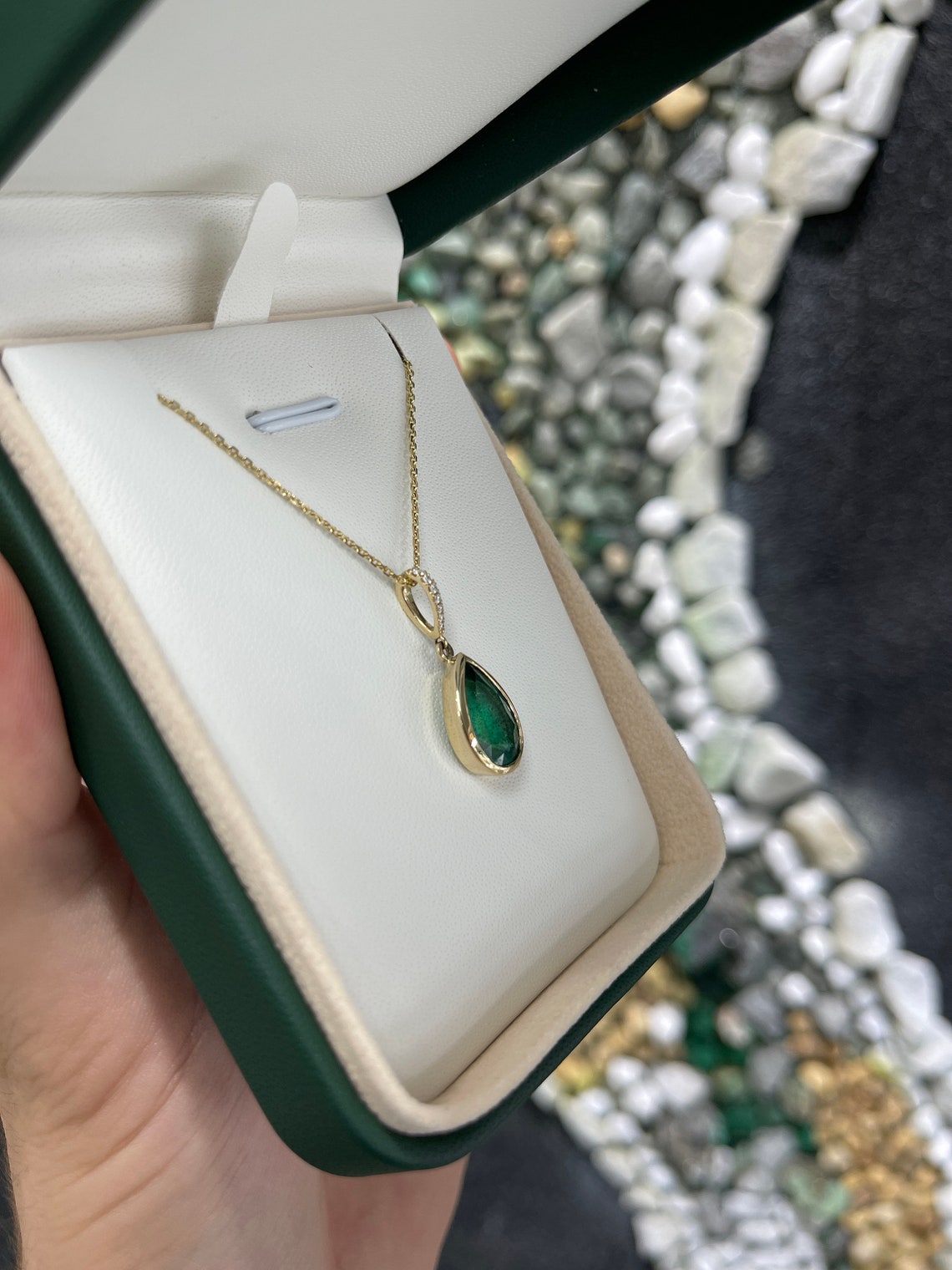 2.35tcw 14K Blue Green Emerald-Pear Cut Bezel Set with Diamond Accent Bail Birthstone Pendant - JR Colombian Emeralds