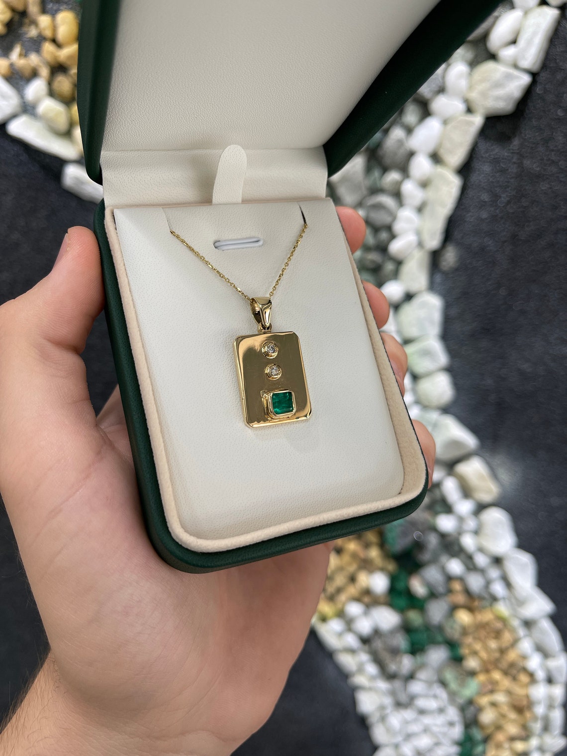 1.05tcw Rectangle Shape Colombian Emerald & Diamond Bezel 18K Yellow Gold Mens Pendant - JR Colombian Emeralds