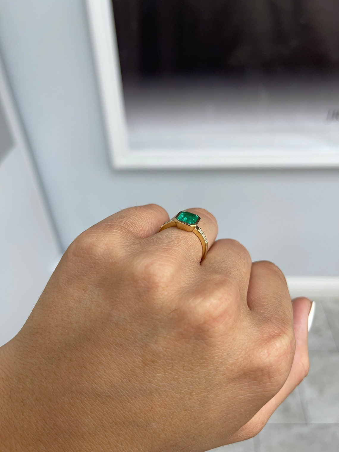 AAA 1.90tcw Bezel Vivid Emerald & Diamond Solitaire with Accents 18K - JR Colombian Emeralds