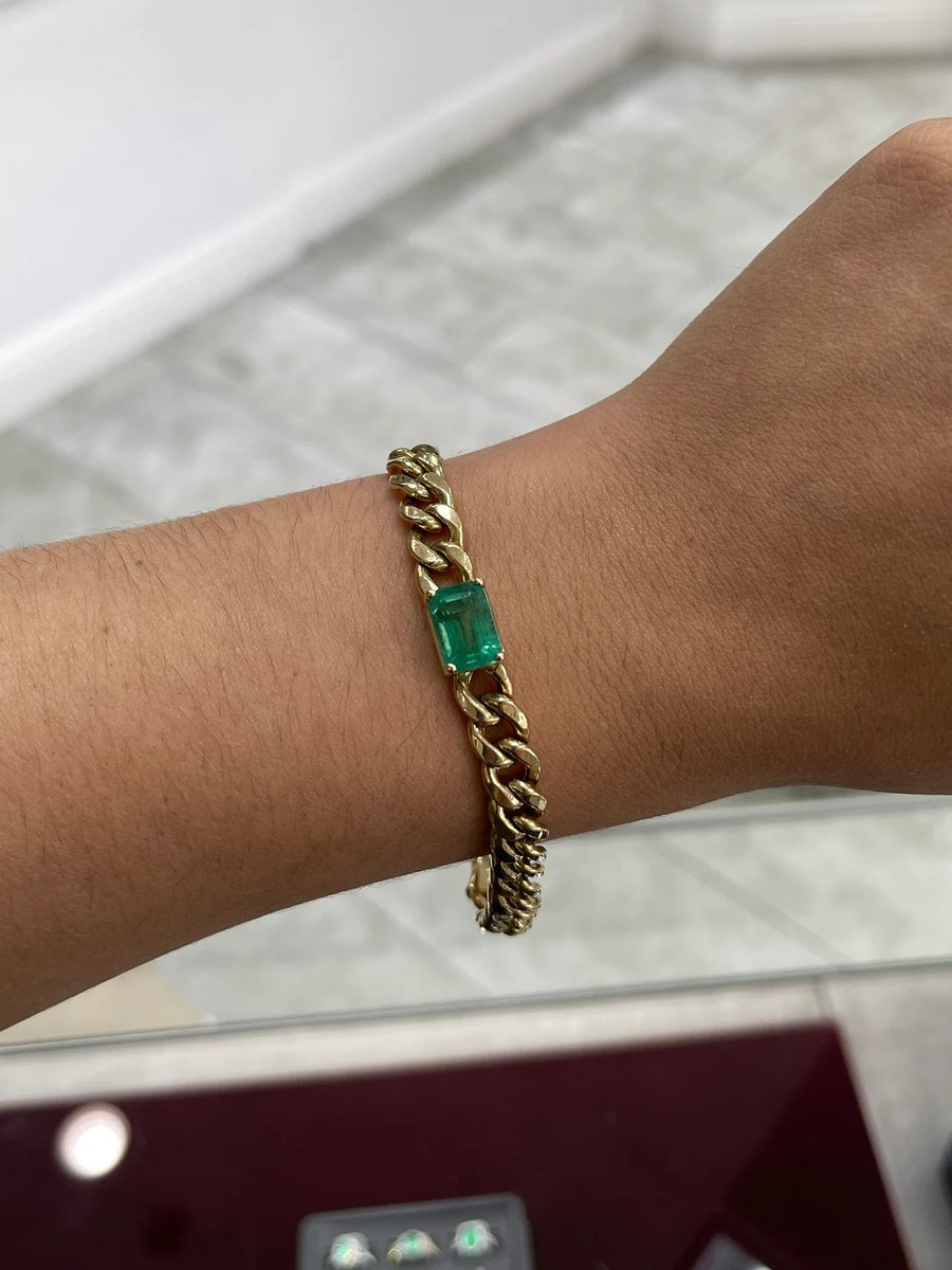 4.87cts 14K Unisex Natural Emerald-Emerald Cut Cuban Link Gold Bracelet