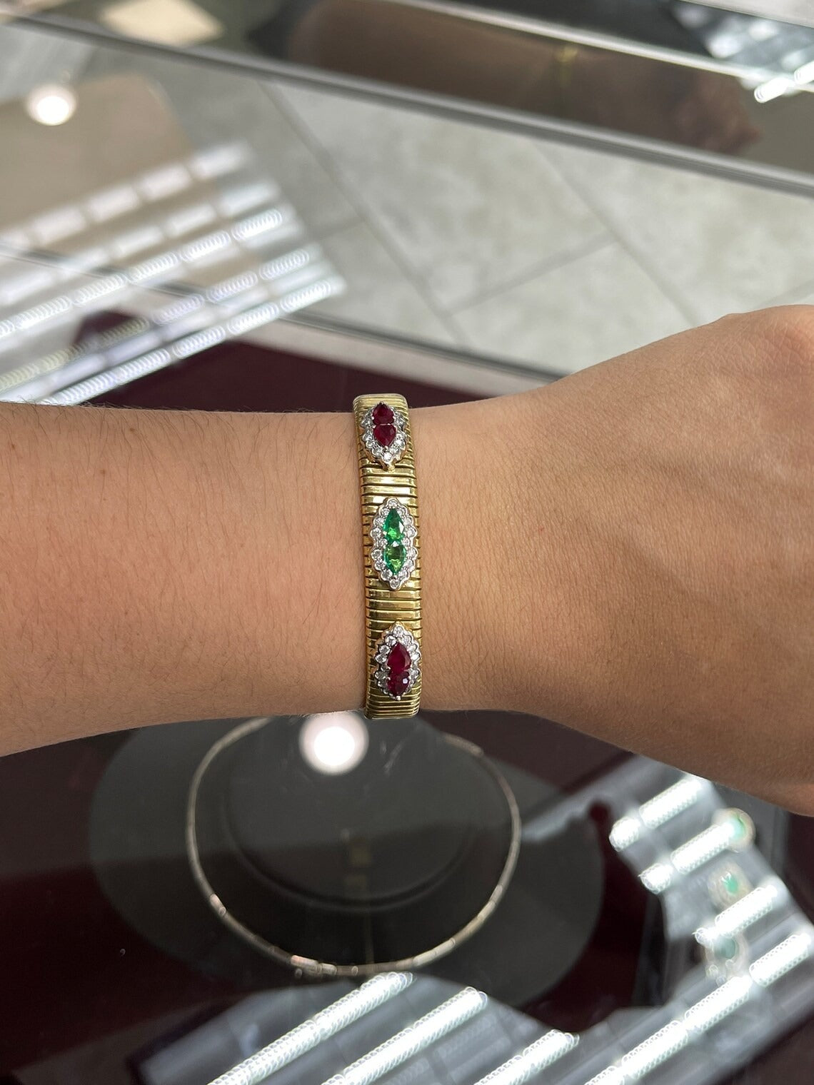 2.72tcw 18K Natural Emerald, Ruby and Diamond Bangle Bracelet - JR Colombian Emeralds