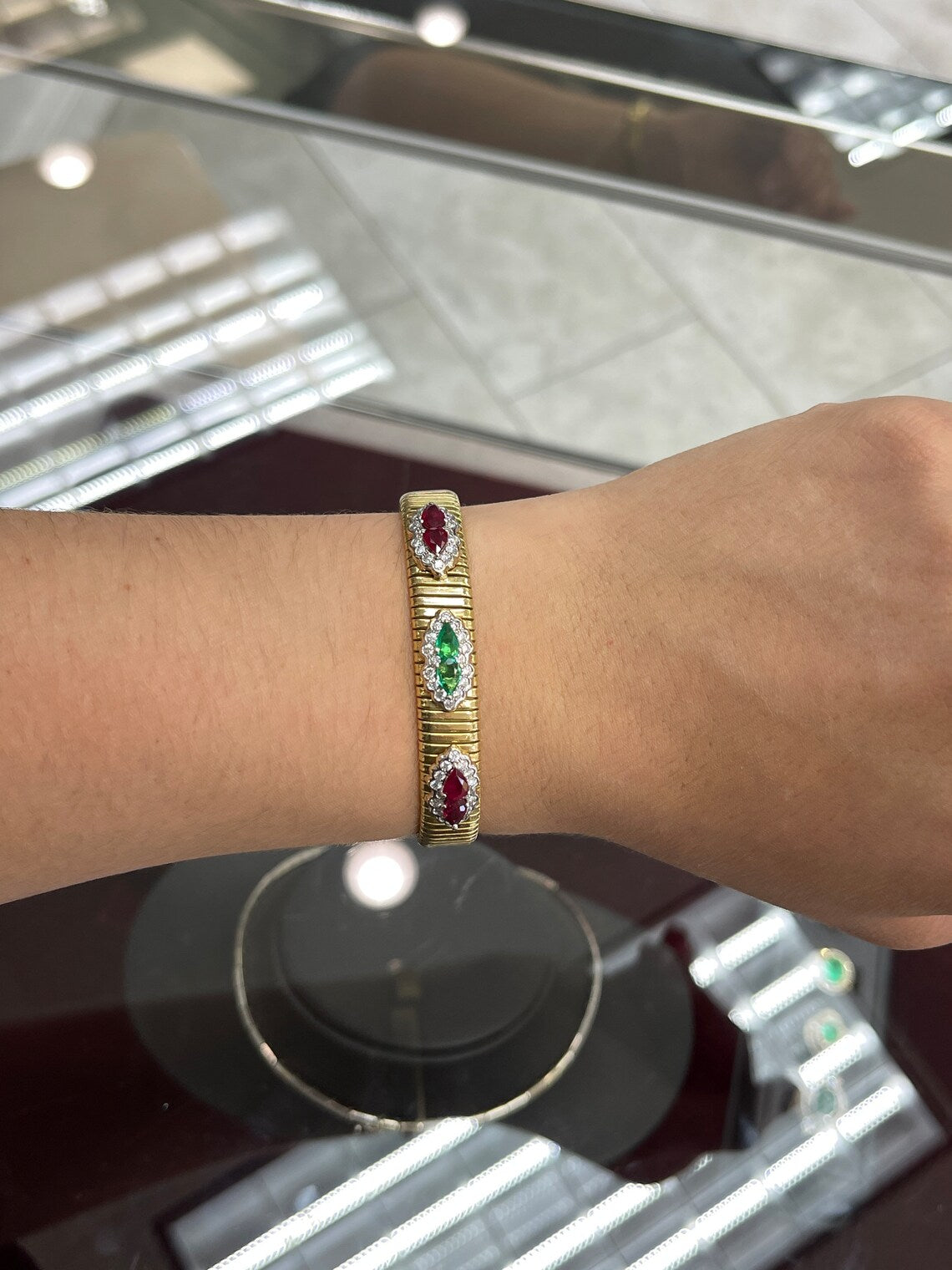 2.72tcw 18K Natural Emerald, Ruby and Diamond Bangle Bracelet - JR Colombian Emeralds