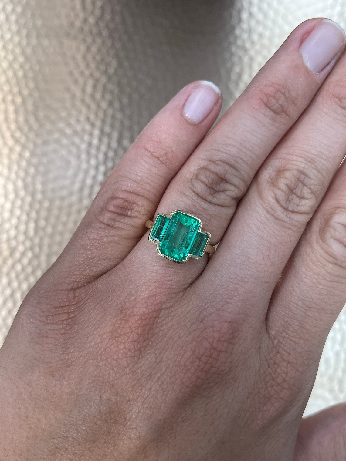 5.13tcw Three Stone Emerald Yellow Gold Ring 18K - JR Colombian Emeralds