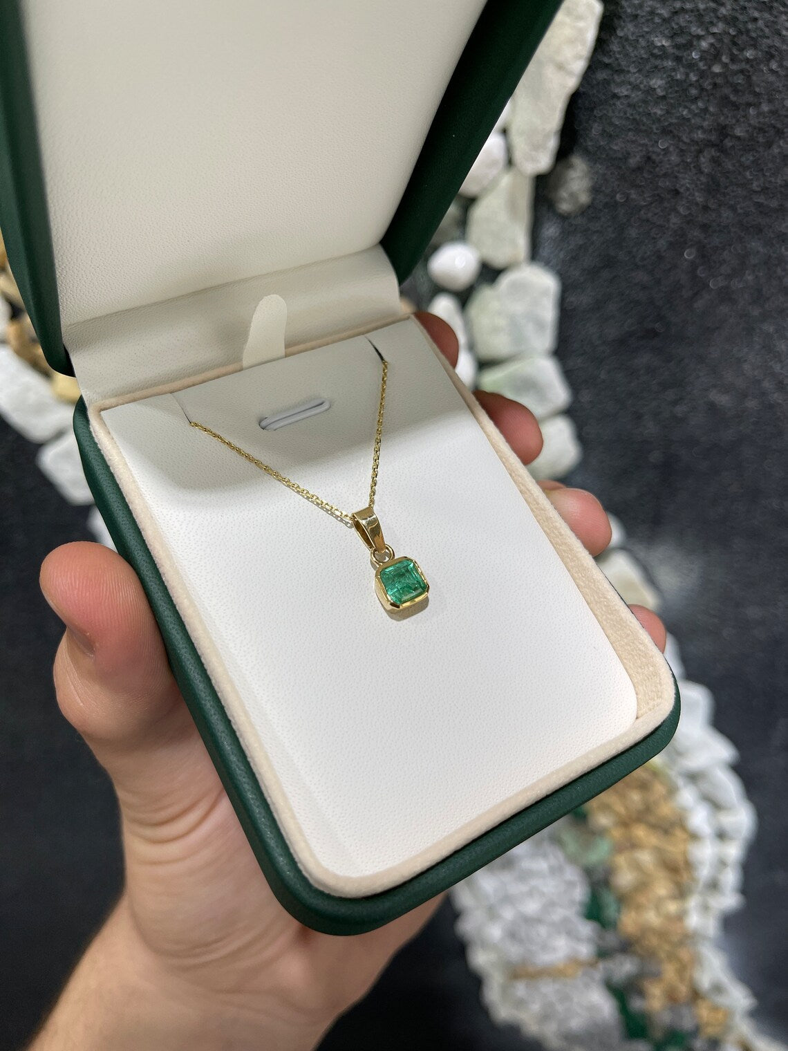 1.42cts Rare Green Emerald-Asscher Cut Bezel Set Dangle Pendant 14K