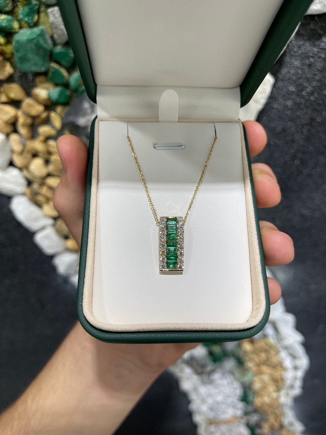 2.23tcw Natural Baguette Channel Set Emerald & Round Diamond Slider Pendant 14K