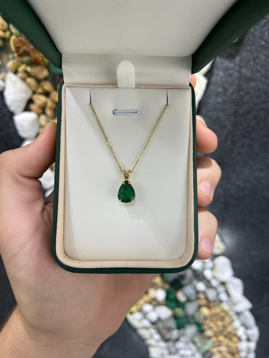 3.28cts Emerald-Pear Solitaire 4Prong 14K Gold Pendant